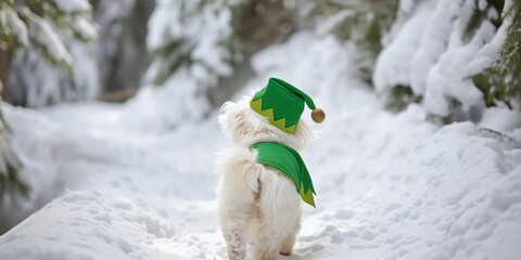 Cute small Maltese dog in green elf costume walking through snowy forest trail in winter - Powered by Adobe