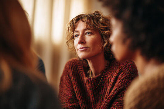 Thoughtful woman in a cozy rust sweater listening in a supportive group — intimate portrait of reflection, empathy and connection in warm natural light