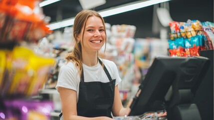 Cheerful young woman at supermarket checkout creating a welcoming retail environment with warm smile