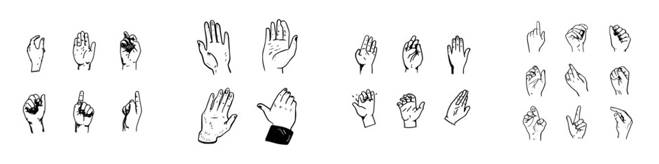 Assortment of hand gestures and non-verbal communication signs in sketch style