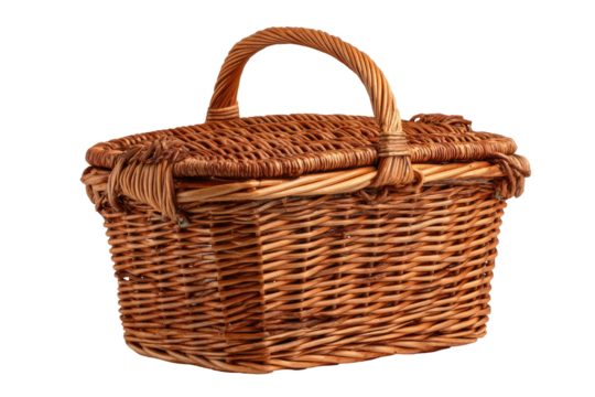 Wicker basket with handle, brown woven texture, closed