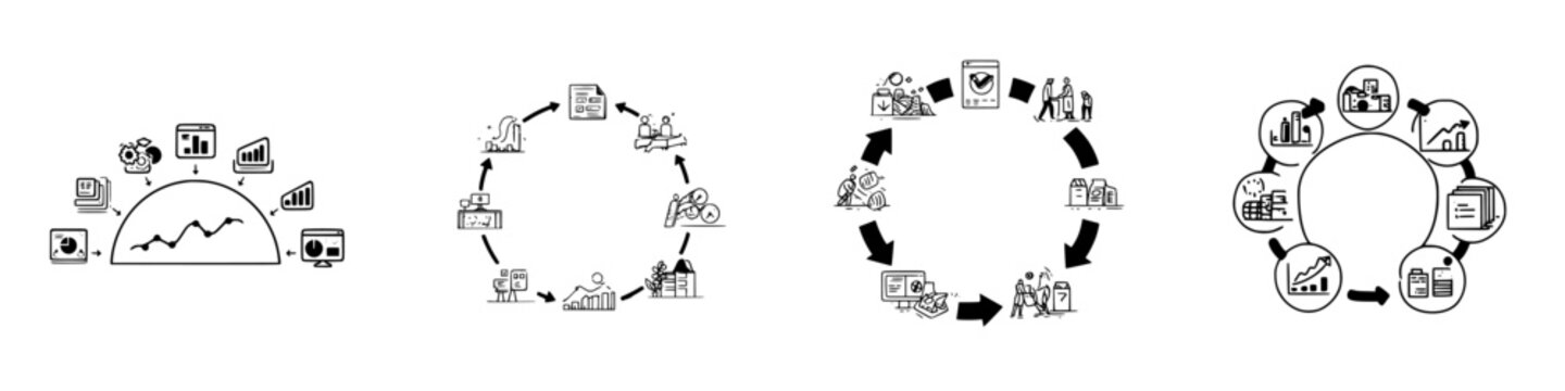 Business process flow diagrams and circular workflow icons set