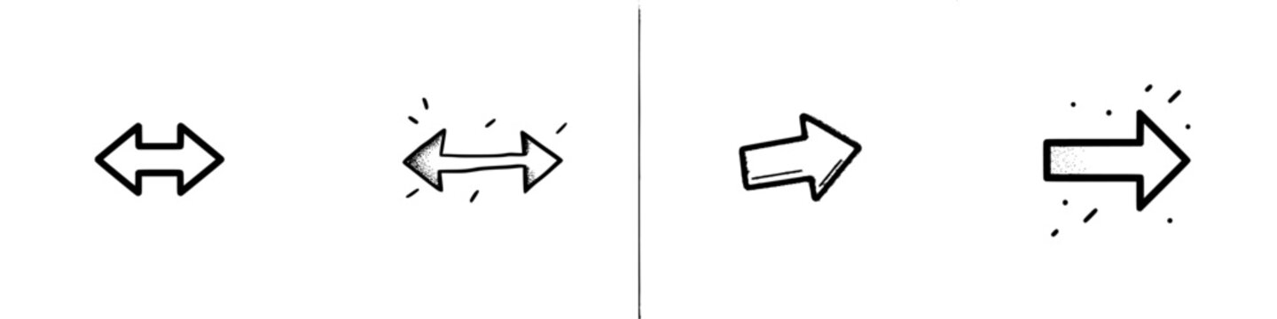 Hand drawn arrow icons set with double sided and single direction pointers