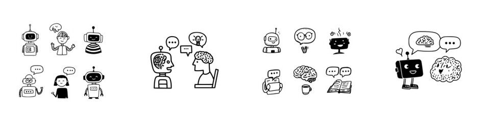 Doodle icons showing robots and human brains communicating and processing thoughts