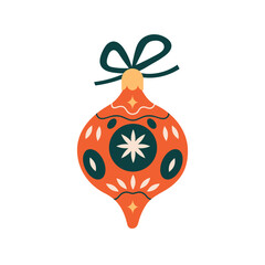 Bauble, vintage ornament, Christmas toy. Xmas holiday decor in retro style. Tree adornment, decoration, pointed ball with abstract pattern, bow. Flat vector illustration isolated on white background