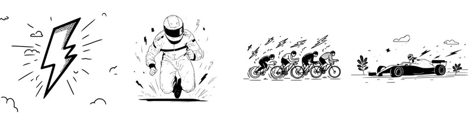 Set of dynamic icons representing speed, racing, motion, and energy
