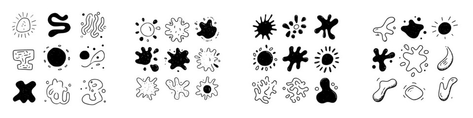 Abstract doodle shapes and sun icons in black and white style