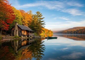Serene lakeside cabin amidst vibrant autumn foliage and calm water reflections