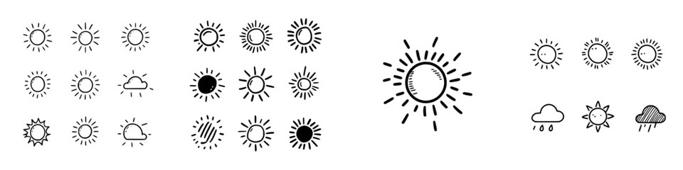 Hand drawn doodle icons set featuring sun and cloud weather symbols
