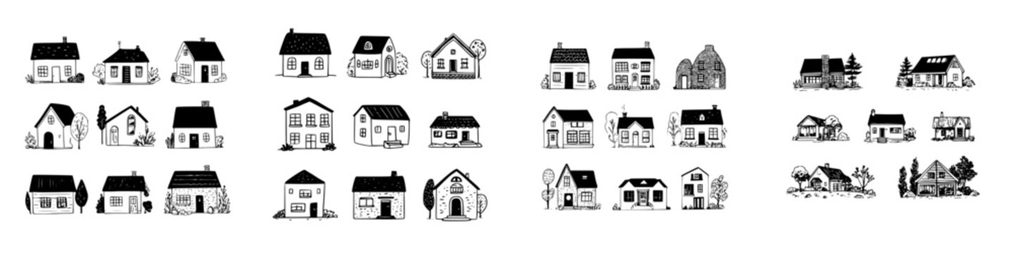 Set of simple hand drawn house and home icons