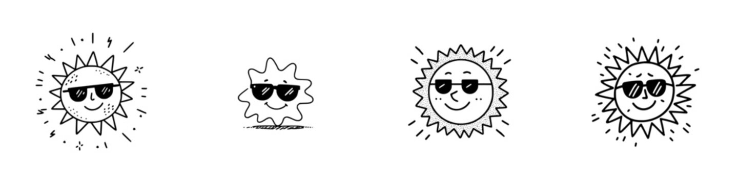 Four doodle style smiling sun icons wearing dark sunglasses