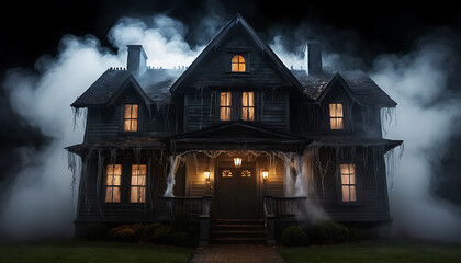 Haunted Dark House with Fog and Eerie Lighting in Night Setting