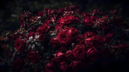 A close-up view of a lush bush filled with dark red roses, their velvety petals catching the subtle light