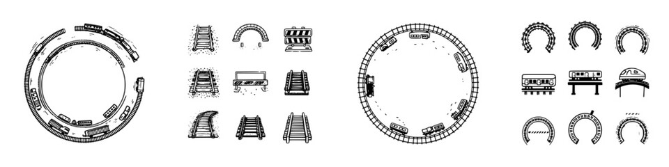 Collection of hand drawn black and white railway track elements and rolling stock