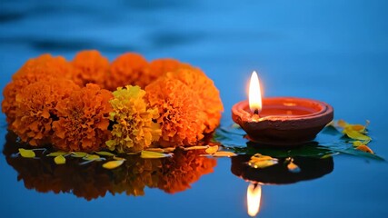 Illuminated Diyas and Marigold Garland Floating on the Holy Water of the Ganga, India