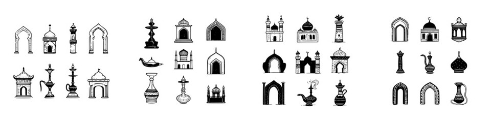 Hand drawn set of Arabic and Islamic architectural elements and vessels