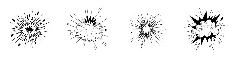 Four hand drawn comic style explosion and burst graphic elements © Andrei