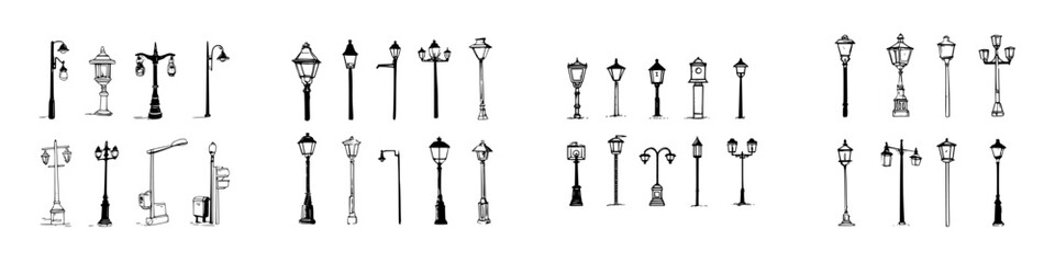 Collection of antique and modern street lamp post designs hand drawn set
