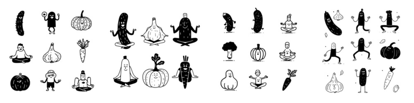 Whimsical vegetable and fruit characters practicing yoga and fitness poses
