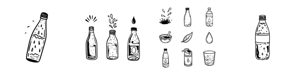 Hand drawn set of various beverage containers and water elements