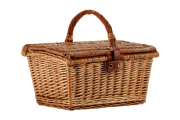 Woven wicker basket, closed, with handle and leather strap