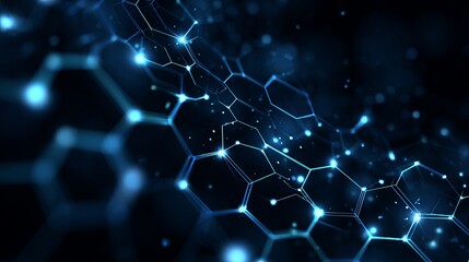 Dynamic glowing blue geometric network connections pulse with vibrant energy on a dark background, symbolizing innovation and data flow.