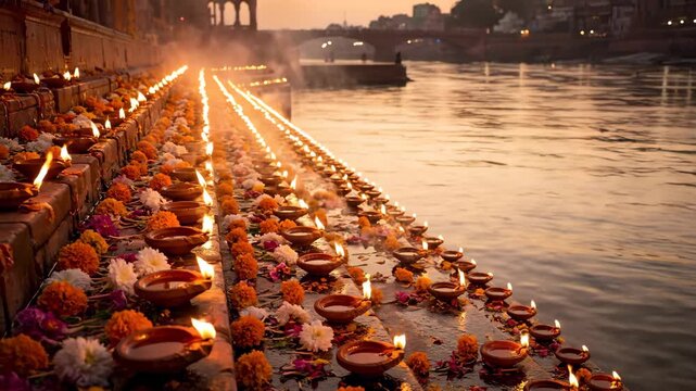 Illuminated Ganga Ghat Diyas and Marigolds Reflecting on the Holy River During Festival Season