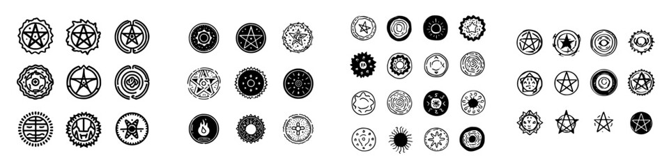 Hand drawn occult and mystical circular symbols and glyphs collection