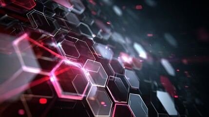 Dynamic abstract hexagonal grid with glowing neon red and blue light streaks creating a futuristic digital network visualization