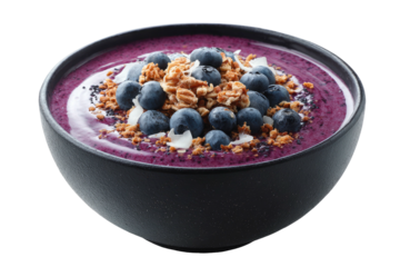 Purple smoothie bowl with blueberries, granola, and coconut