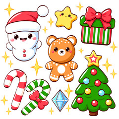 Merry Christmas collection cute snowman, gingerbread, Christmas tree, gift in kawaii style. Can be used for winter holiday tag, label, t-shirt print, sticker, greeting card, badge. Vector xmas set
