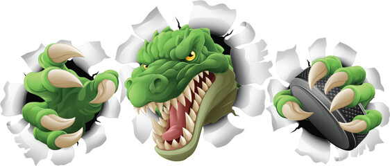 A crocodile, dinosaur or alligator lizard hockey sports mascot