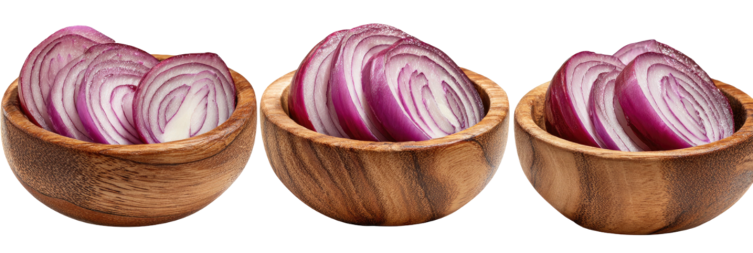 Red onion slices in wooden bowls, grouped close together