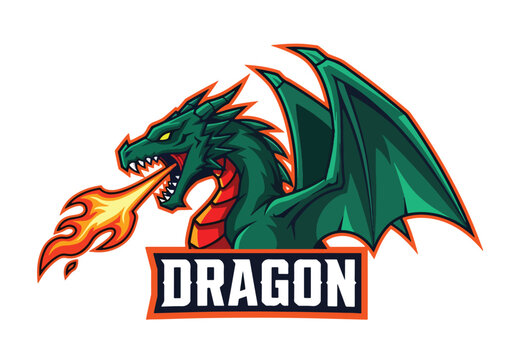 Fiery green dragon mascot roaring fire for gaming logo - Gaming logo - Gaming Mascot - esport mascot stock illustration