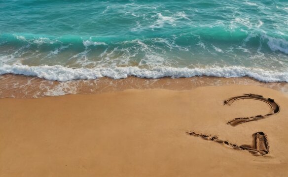Topdown view of sandy beach with turquoise waves and a question mark, creating a serene and mysterious scene.