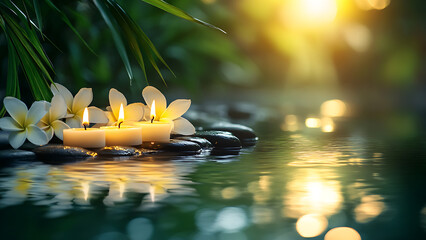 Three candles rest on smooth rocks, with tropical flowers and greenery, half-submerged in shimmering water. 