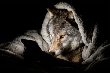 Charming dog faces nighttime fear with smartphone. Human interface evolution. Enter the world of spatially guided information flow. Dog night scare. Futuristic ux ai.