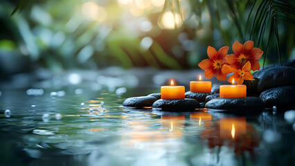 Candles are lit on stones in water for a spa background. The water is reflective, and there are orange flowers.