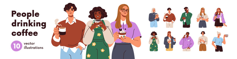 Naklejka na ściany i meble People drinking coffee set. Man and woman enjoy hot morning beverages, americano, cappuccino to go. Characters holding takeaway mugs, paper cups. Flat vector illustrations isolated on white background Naklejka na ściany i meble People drinking coffee set. Man and woman enjoy hot morning beverages, americano, cappuccino to go. Characters holding takeaway mugs, paper cups. Flat vector illustrations isolated on white background