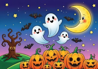 Spooky halloween night scene with friendly ghosts pumpkins moon and bats festive autumn celebration