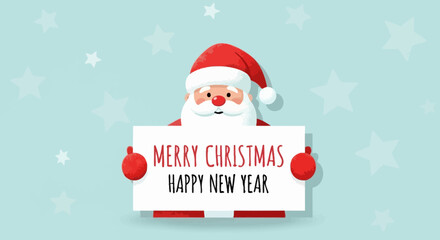 Santa Claus with Christmas and New Year Greetings on Festive Starry Background