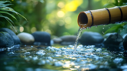 The serene view of water flowing from bamboo to rock, truly a beautiful sight.