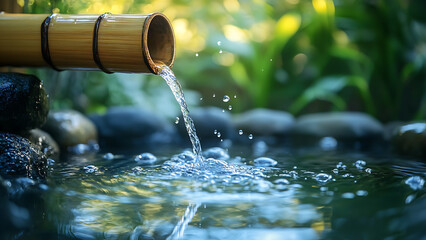 The serene view of water flowing from bamboo to rock, truly a beautiful sight.