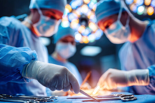 Surgeons perform a medical operation in a well-equipped operating room with bright lights and surgical tools - Powered by Adobe