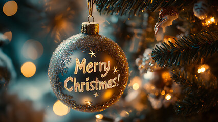A Christmas ornament hanging on a tree. The ornament reads, "Merry Christmas!" It's used to represent Christmas.