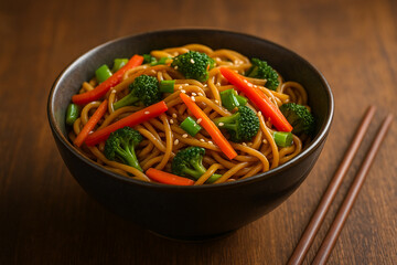 A steaming bowl of Chinese noodles tossed with colorful vegetables and sesame seeds, perfectly styled for a modern restaurant menu.
