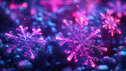 This digital image features three sparkling and detailed snowflakes. The pink and blue snowflakes look magical in a winter setting.