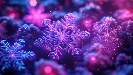 This digital image features three sparkling and detailed snowflakes. The pink and blue snowflakes look magical in a winter setting.