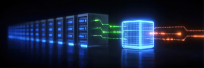Fototapeta premium 3D render of a glowing Modem linked to a powerful Server through neon lines symbolizing Connectivity, issue response, and Recovery under Monitoring