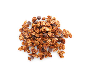 Pile of tasty granola with chocolate chips isolated on white, top view